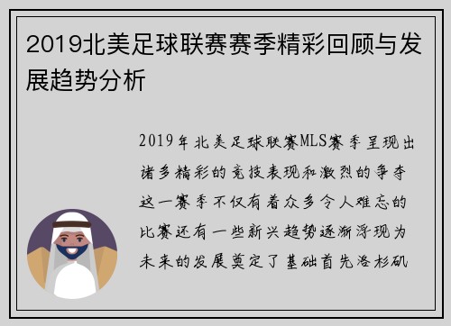 2019北美足球联赛赛季精彩回顾与发展趋势分析