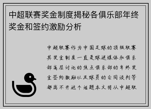 中超联赛奖金制度揭秘各俱乐部年终奖金和签约激励分析