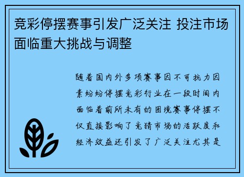 竞彩停摆赛事引发广泛关注 投注市场面临重大挑战与调整